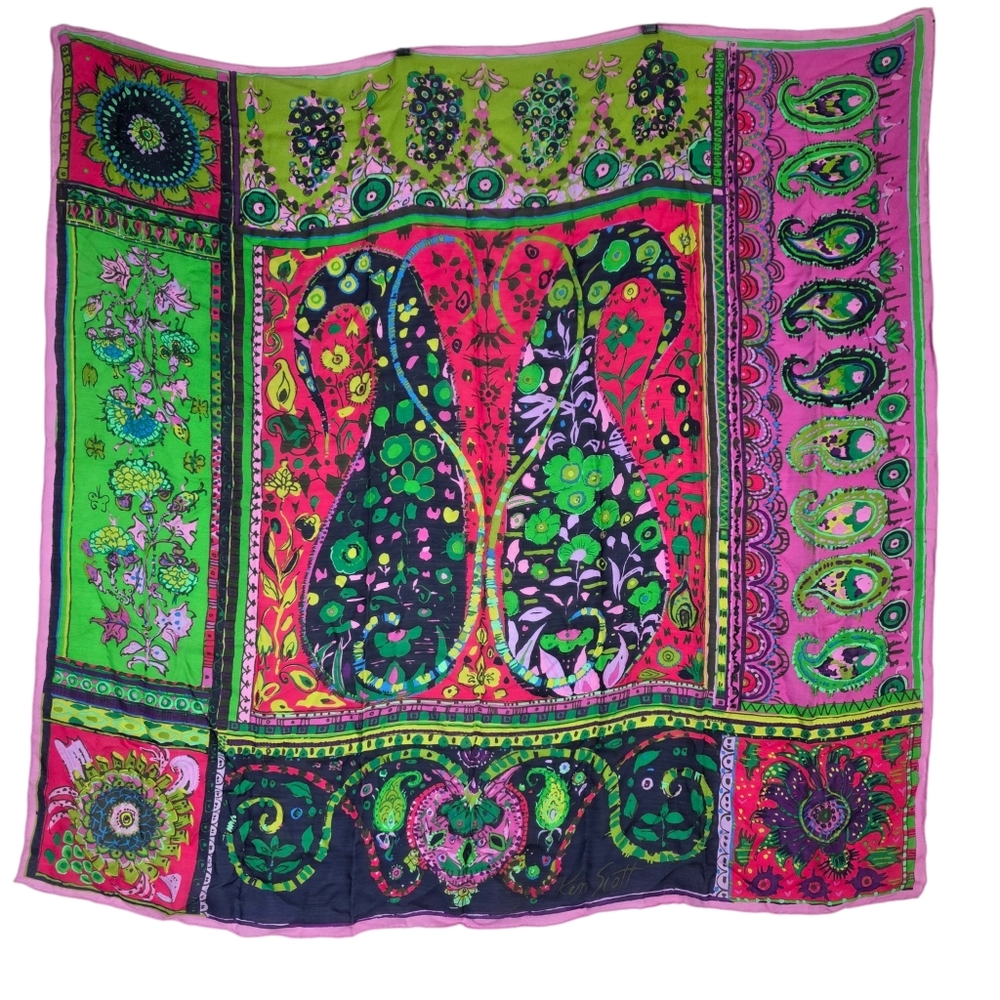 Ken Scott Silk Psychedelic Multicolor Paisley Scarf with handrolled edges
